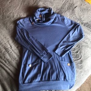 blue tunic, cowl neck, pockets & wood buttons